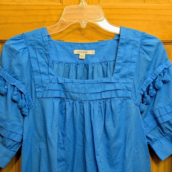 Chico's Peasant Blouse Tassel Sz 0 = Small Square Neck 3/4 Sleeve Top Blue Boho - Picture 2 of 10